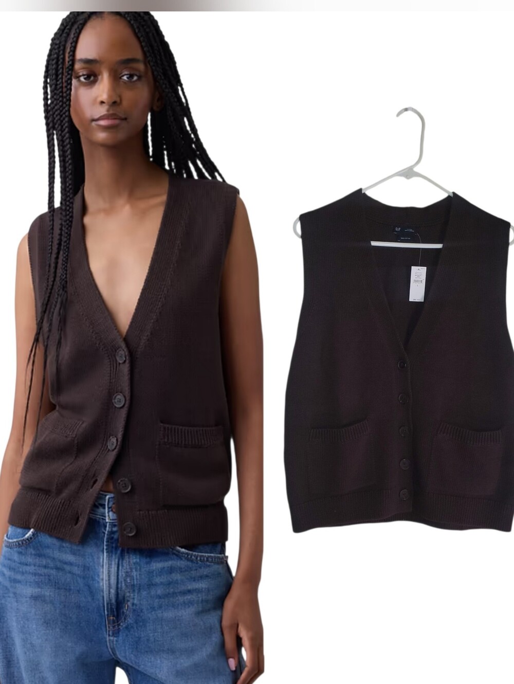 GAP 100% Cotton Pocket Knit Sweater Vest Brown Chocolate Pockets 100% Cotton